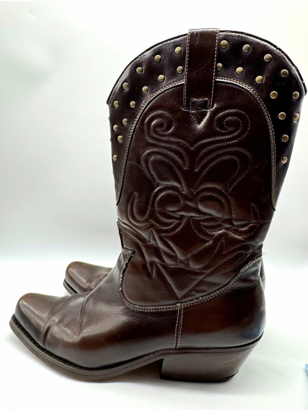 Johnson Women’s Western Boots Brown Faux Leather Studded Square Toe 9M Y2K